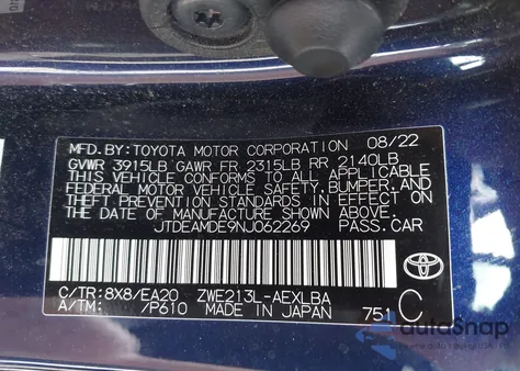 2022 Toyota Corolla Hybrid Le from USA, damaged, VIN JTDEAMDE9NJ062269